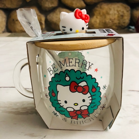 Sanrio Other - New Sanrio Hello Kitty Glass Mug Christmas Holiday Wood Lid Spoon Cup Handle